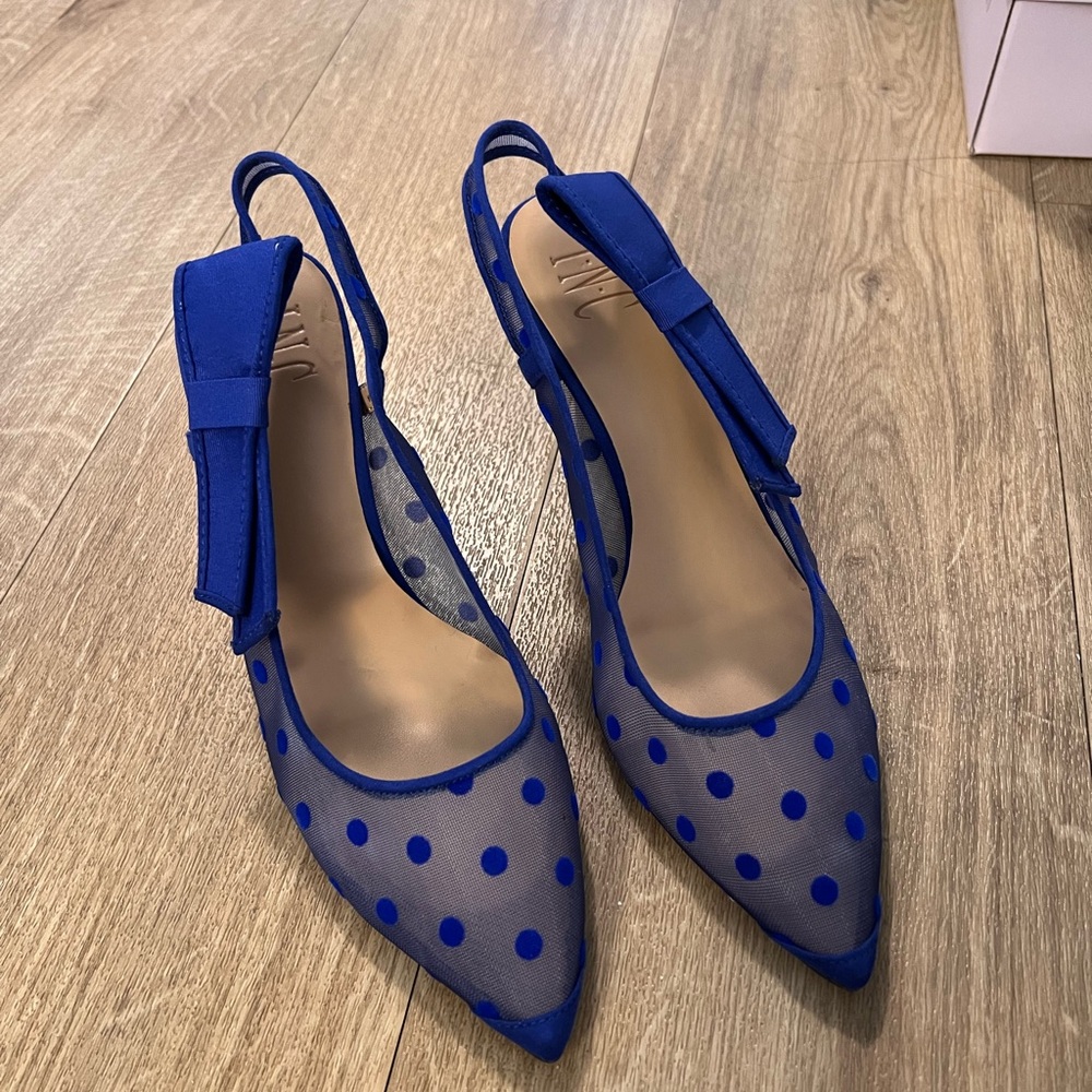 INC International Concepts Blue Slingback Heels with Polka Dots